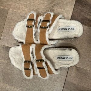 Steve Madden Brown Fuzzy Buckle Sandals